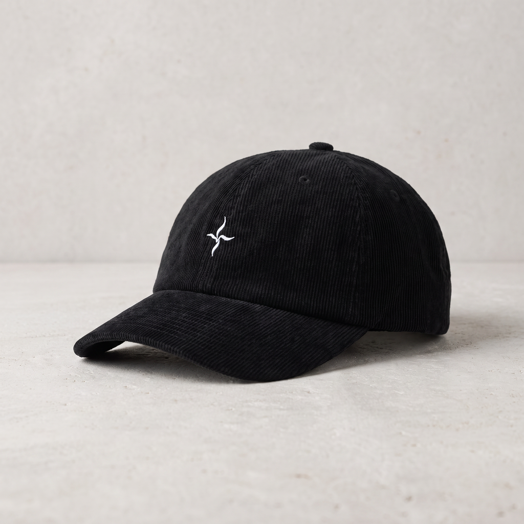 VEYR Field Cap in Black on pale stone, editorial view
