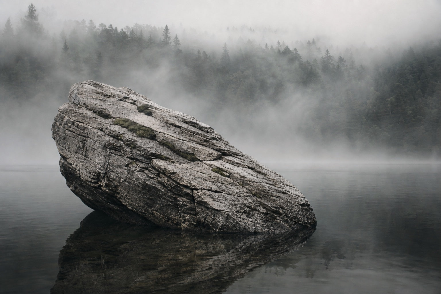 Stone rising from still water in fog